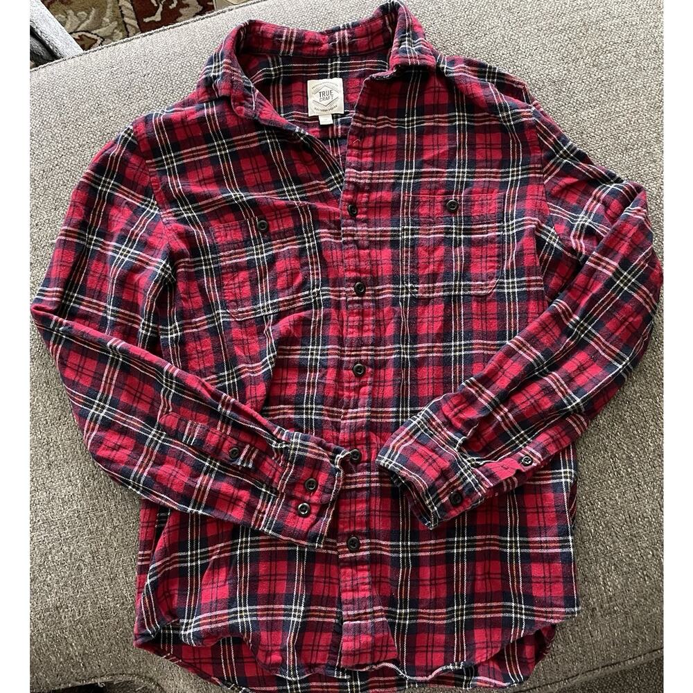 TRUE CRAFT Men's Cotton Red Plaid Flannel Long Sleeve Button-Up Shirt M